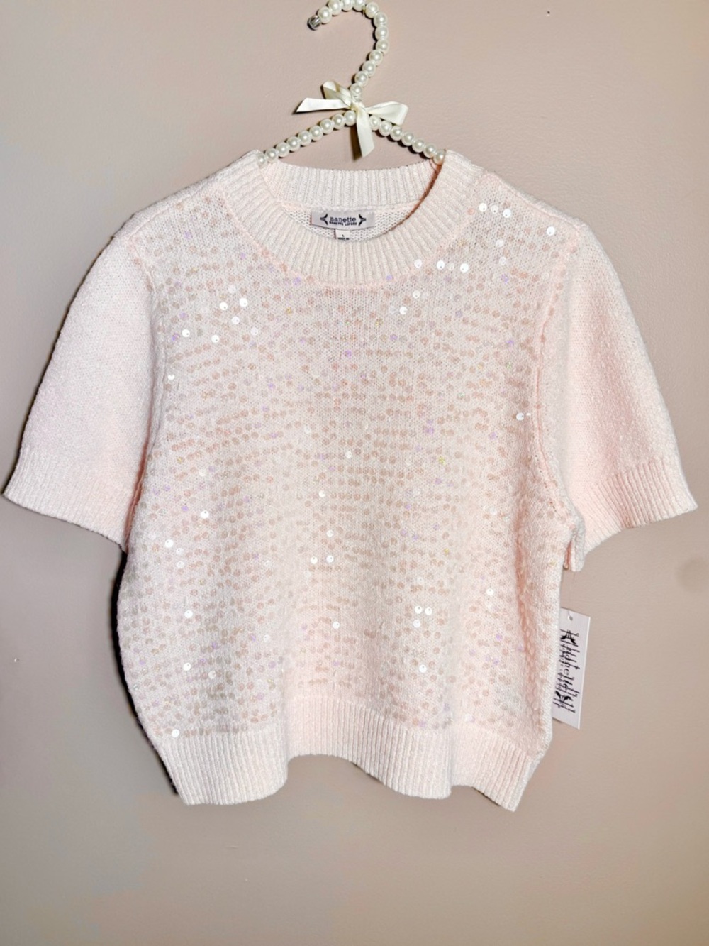 Nanette Lepore Pink Sequin Short-Sleeve Crewneck Sweater